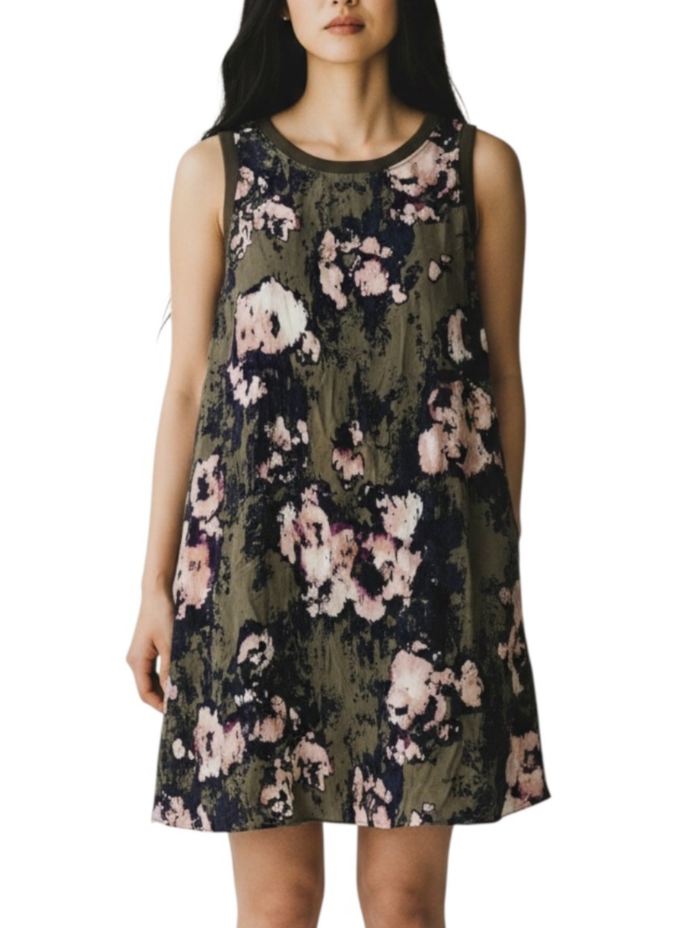 Enza Costa Printed Cupro Green Sleeveless Shift Mini Dress 1 SMALL with pockets